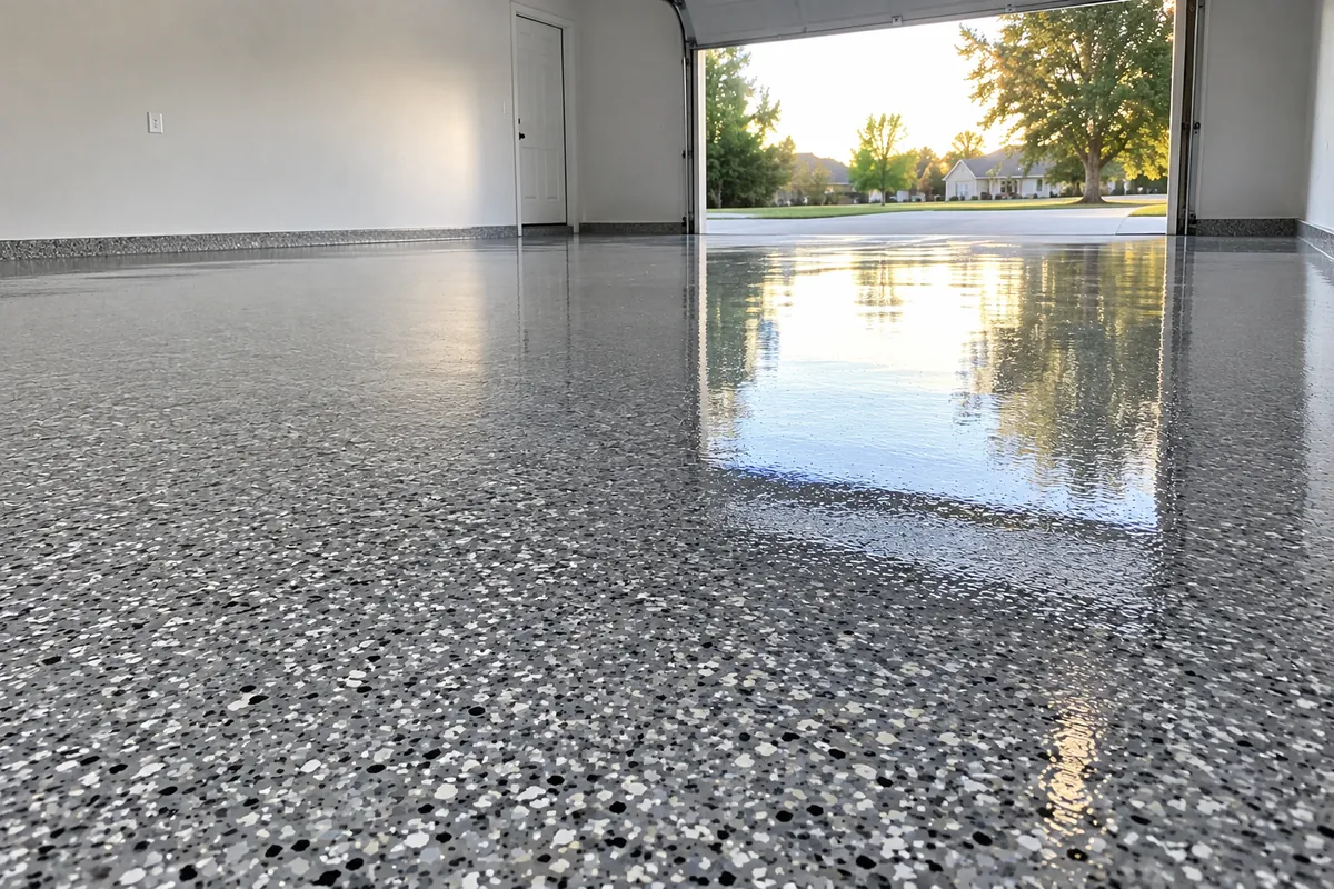 Finished gray flake epoxy garage floor with a glossy top coat reflecting daylight