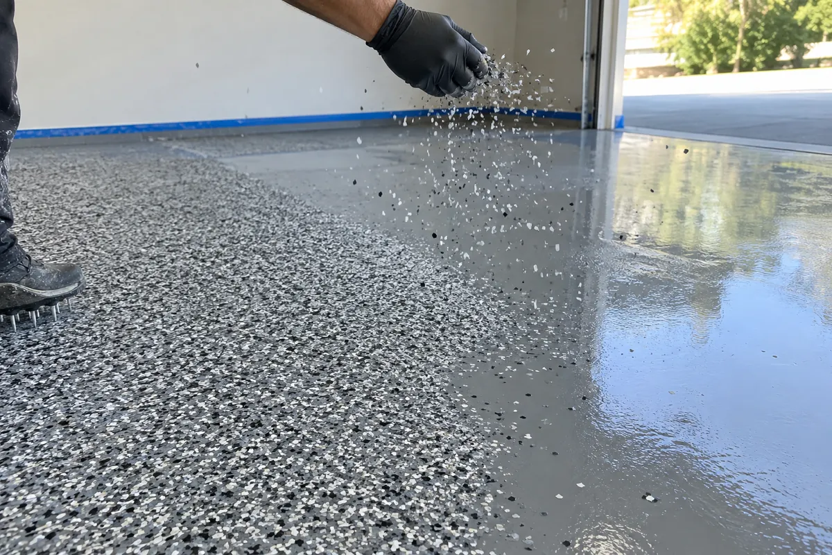 Gloved hand broadcasting flakes onto a wet gray epoxy base coat