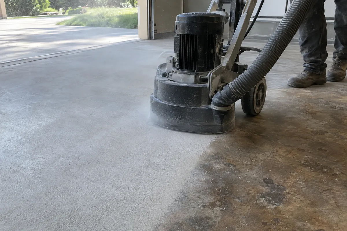 Walk-behind grinder with a vacuum hose grinding a garage floor, half ground and half stained concrete