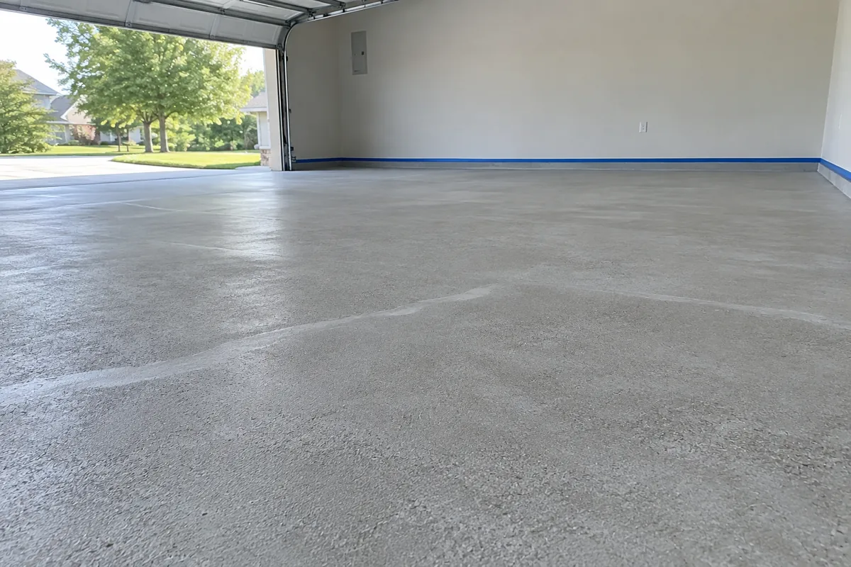 Freshly ground garage slab with crack repairs ground flush and walls taped