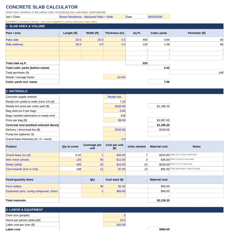 Screenshot of the Concrete calculator spreadsheet with the sample job filled in