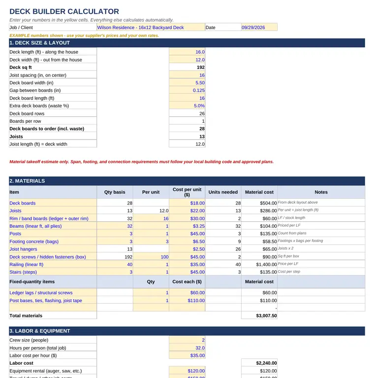 Screenshot of the Deck calculator spreadsheet with the sample job filled in