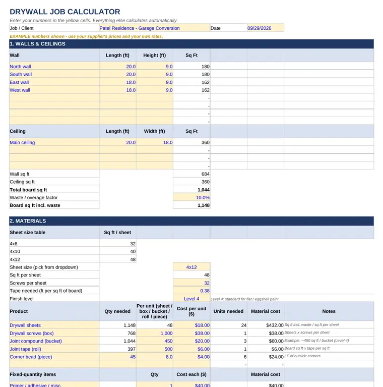 Screenshot of the Drywall calculator spreadsheet with the sample job filled in