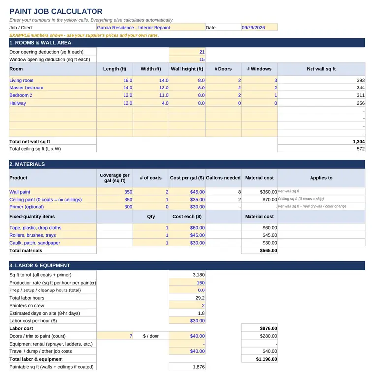 Screenshot of the Paint calculator spreadsheet with the sample job filled in