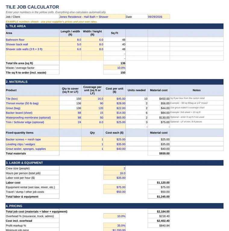 Screenshot of the Tile calculator spreadsheet with the sample job filled in