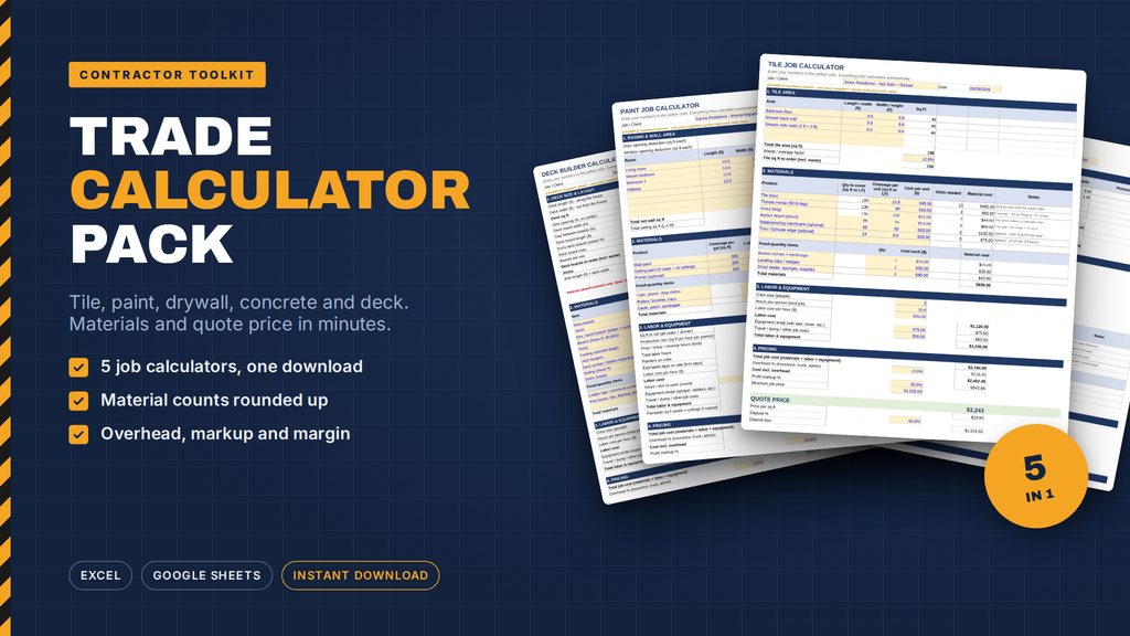 Trade Calculator Pack: tile, paint, drywall, concrete and deck spreadsheets